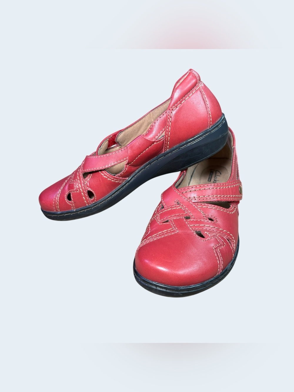 Clarks Collection Red Leather Mary Jane Comfort Shoes Women’s 6.5M Hook & Loop
